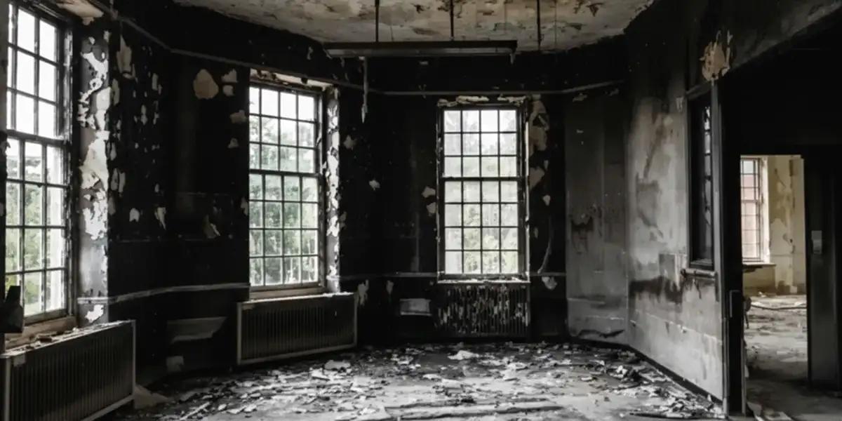 fire damage repair addressing severe interior damage and smoke residue inside a burned home in Raleigh, NC