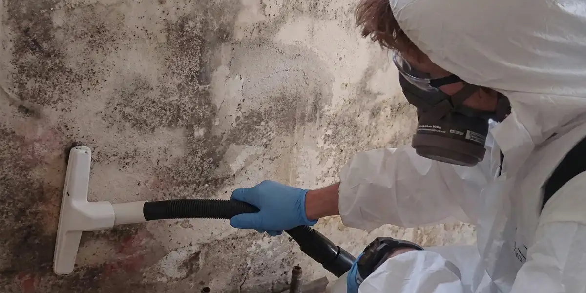 professional mold removal technician wearing protective equipment removing mold from a wall in Raleigh, NC