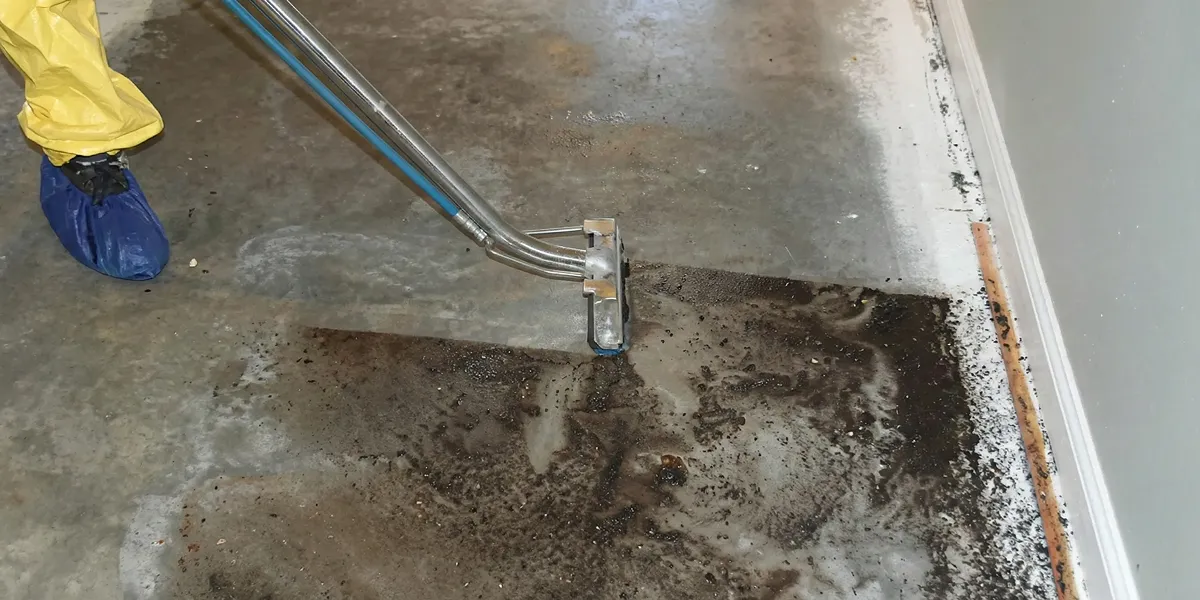 sewage removal technicians extracting contaminated wastewater from a residential floor in Raleigh, NC